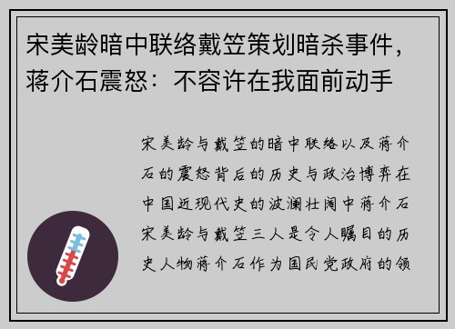 宋美龄暗中联络戴笠策划暗杀事件，蒋介石震怒：不容许在我面前动手