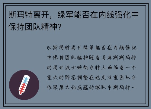 斯玛特离开，绿军能否在内线强化中保持团队精神？