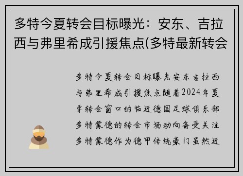 多特今夏转会目标曝光：安东、吉拉西与弗里希成引援焦点(多特最新转会)