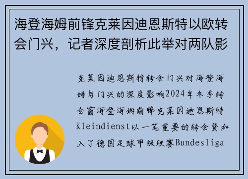 海登海姆前锋克莱因迪恩斯特以欧转会门兴，记者深度剖析此举对两队影响