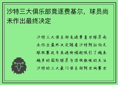 沙特三大俱乐部竞逐费基尔，球员尚未作出最终决定