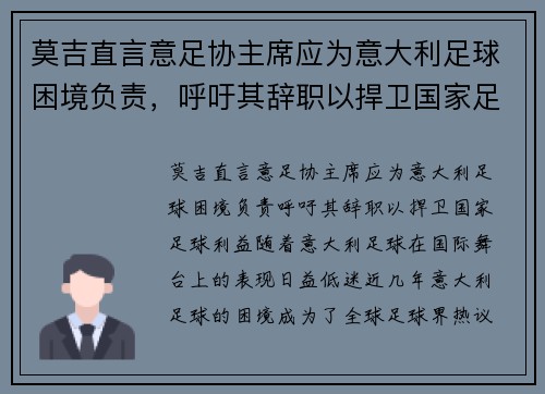 莫吉直言意足协主席应为意大利足球困境负责，呼吁其辞职以捍卫国家足球利益