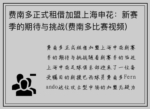 费南多正式租借加盟上海申花：新赛季的期待与挑战(费南多比赛视频)