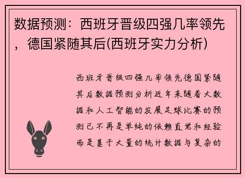数据预测:西班牙晋级四强几率领先,德国紧随其后(西班牙实力分析) 数据预测:西班牙晋级四强几率领先,德国紧随其后(西班牙实力分析)